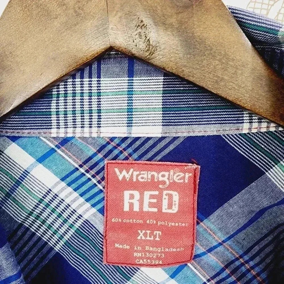 Wrangler Pearl Snap Red Button down Long sleeve Plaid Shirt Men'sXLT - Picture 4 of 7